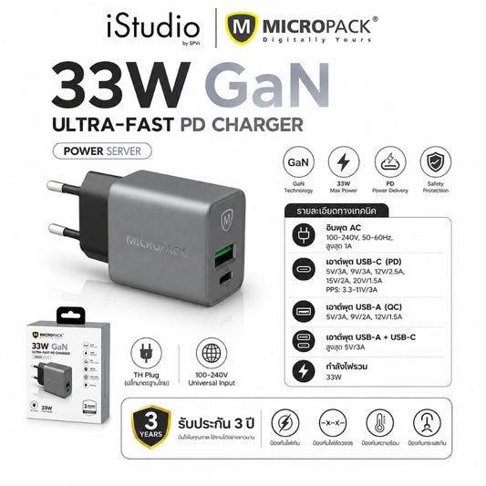 MICROPACK 33W GAN WALL CHARGER - GREY (MWC-233PD-ES-TH)