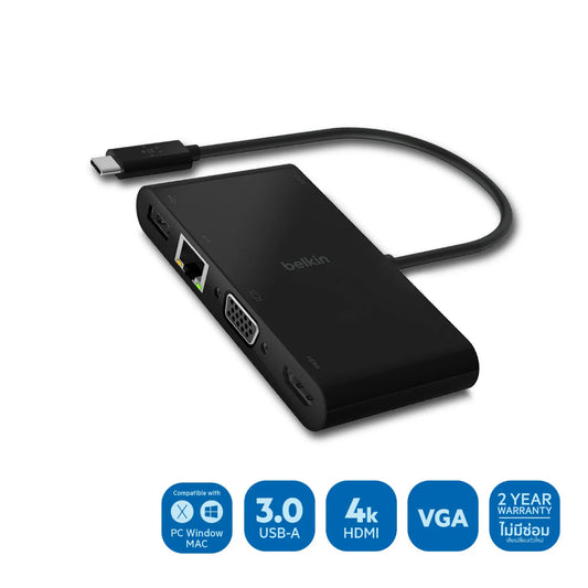 ฮับมัลติพอร์ต Belkin USB-C 4in1 To HDMI,VGA,Gigabit,USB-A 3.0 (AVC005btBK) 15 cm. Black