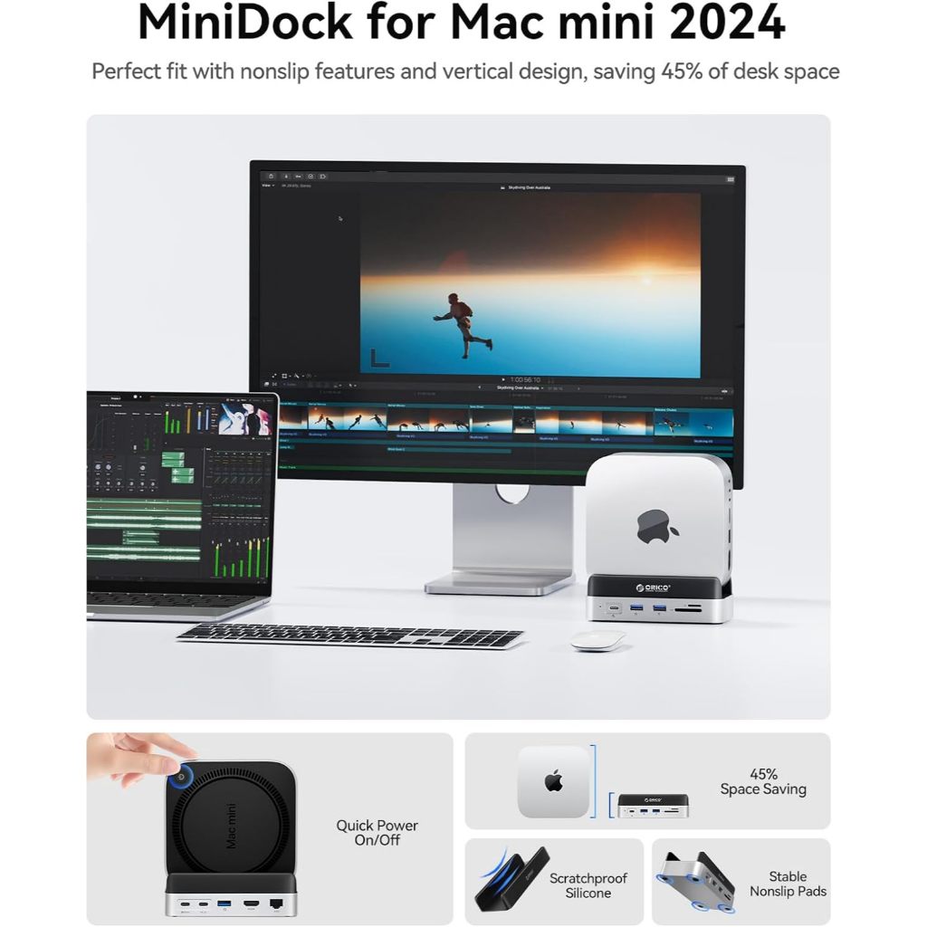 ORICO MiniDock Desktop Stand ฮับสำหรับ Mac mini M4 10-in-1 SSD M.2, USB-C และ USB-A 10Gb พร้อมขาตั้งในตัว