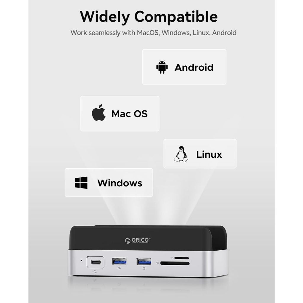 ORICO MiniDock Desktop Stand ฮับสำหรับ Mac mini M4 10-in-1 SSD M.2, USB-C และ USB-A 10Gb พร้อมขาตั้งในตัว