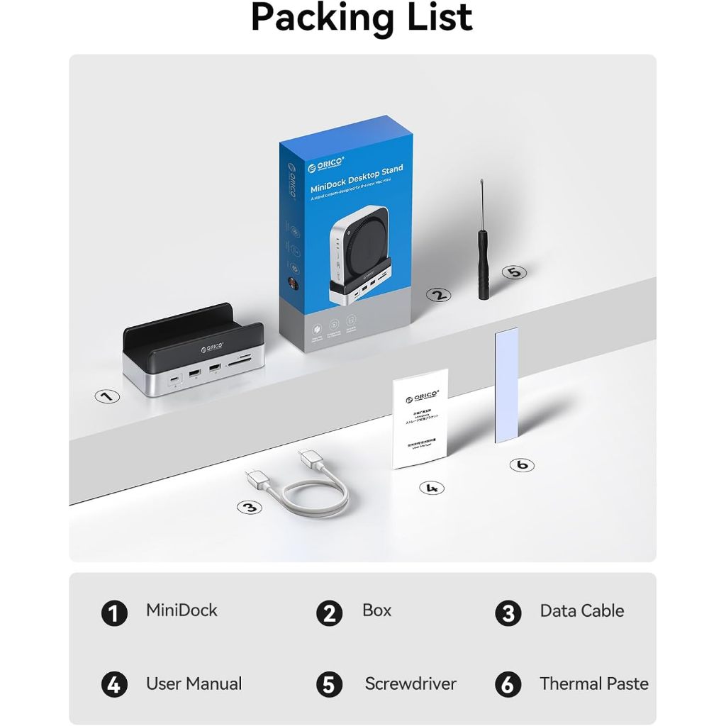 ORICO MiniDock Desktop Stand ฮับสำหรับ Mac mini M4 10-in-1 SSD M.2, USB-C และ USB-A 10Gb พร้อมขาตั้งในตัว
