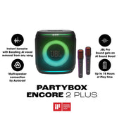 JBL PARTYBOX ENCORE 2 PLUS PORTABLE PARTY SPEAKER, INCLUDED 2 DIGITAL WIRELESS MIC