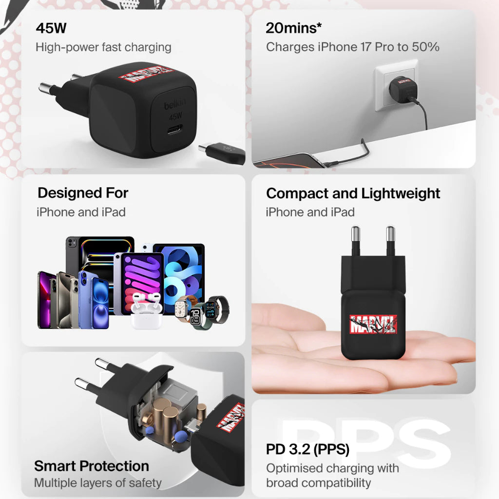 Belkin WCA013 หัวชาร์จ USB-C 45W PD PPS Marvel Collection Fast Charger