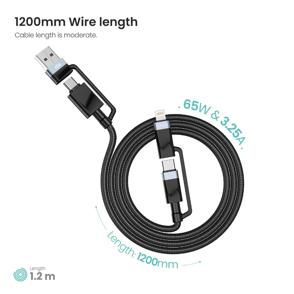สายชาร์จ ALPHA.X 4-in-1 Braided Data Cable 65W 1.2M ALU-4in1-15 Black