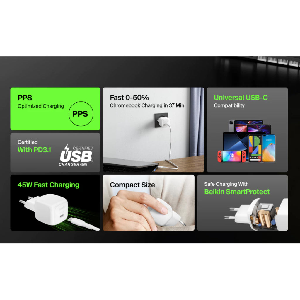 BELKIN 45W USB PD WALL CHARGER WITH PPS, WHITE