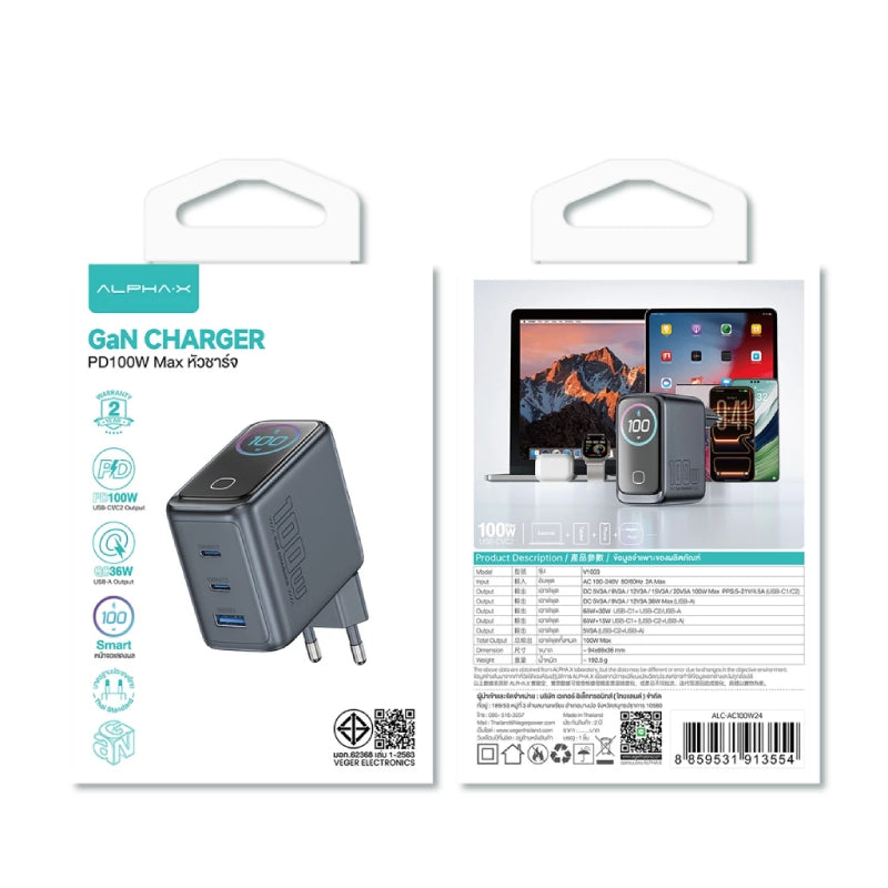 ALPHA .X ALC-AC100W24 ADAPTER + LED DISPLAY 100W GAN USB-A X1 OUTPUTS 2X TYPE-C OUTPUTS PD 100W FAST CHARGE AI INTELLIGENT BLACK