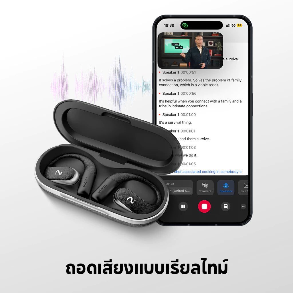 Viaim OpenNote หูฟัง AI Open-Ear บันทึกเสียง ถอดเสียง สรุปประชุม แปลภาษา - BLACK