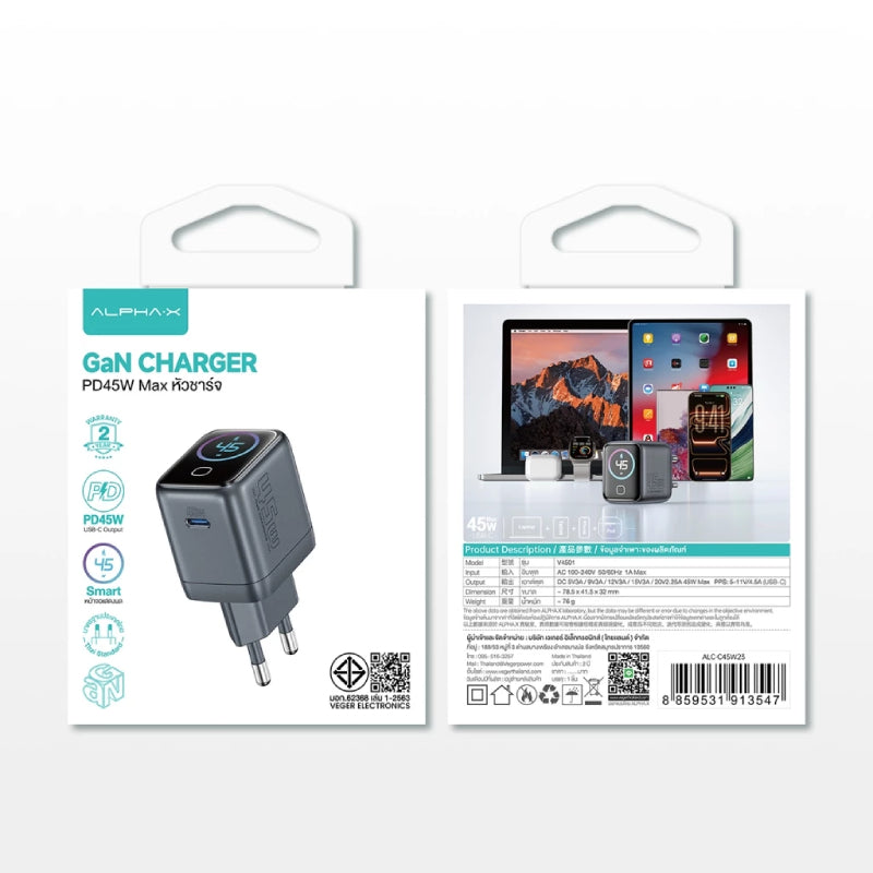 ALPHA .X ALC-AC45W23 ADAPTER + LED DISPLAY 45W GAN TYPE-C X1 OUTPUTS AI INTELLIGENT , BLACK