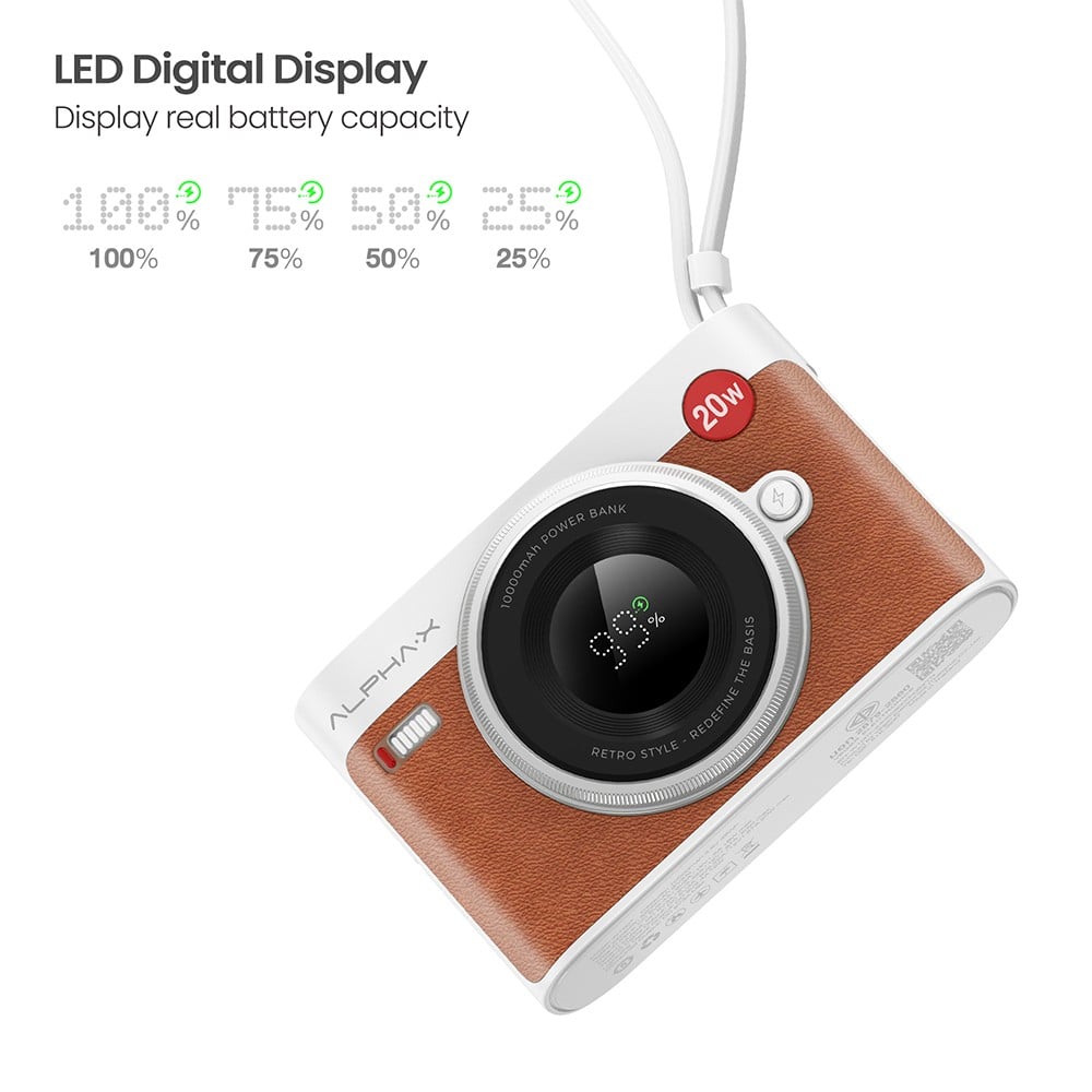 แบตเตอรี่สำรอง AlphaX Power Bank 2 in 1 Pd 20W 10,000 mAh Brown