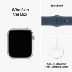 Apple Watch Series 9 GPS + Cellular 45mm Silver Aluminium Case with Storm Blue Sport Band - S/M