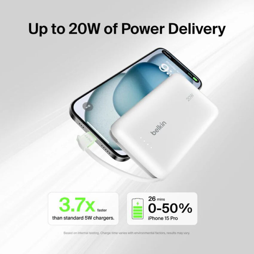 แบตเตอรี่สำรอง Belkin Boostcharge Power Bank 10K With Integralated Cable White