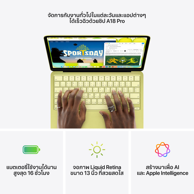 MacBook Neo รุ่น 13 นิ้ว: Apple A18 Pro chip with 6‑core CPU and 5‑core GPU, Magic Keyboard พร้อม Touch ID, 512GB SSD - น้ำเงินอินดิโก