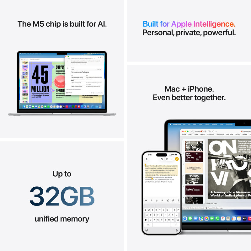 MacBook Air รุ่น 13 นิ้ว: Apple M5 chip with 10-core CPU and 8-core GPU, 512GB SSD - สีเงิน