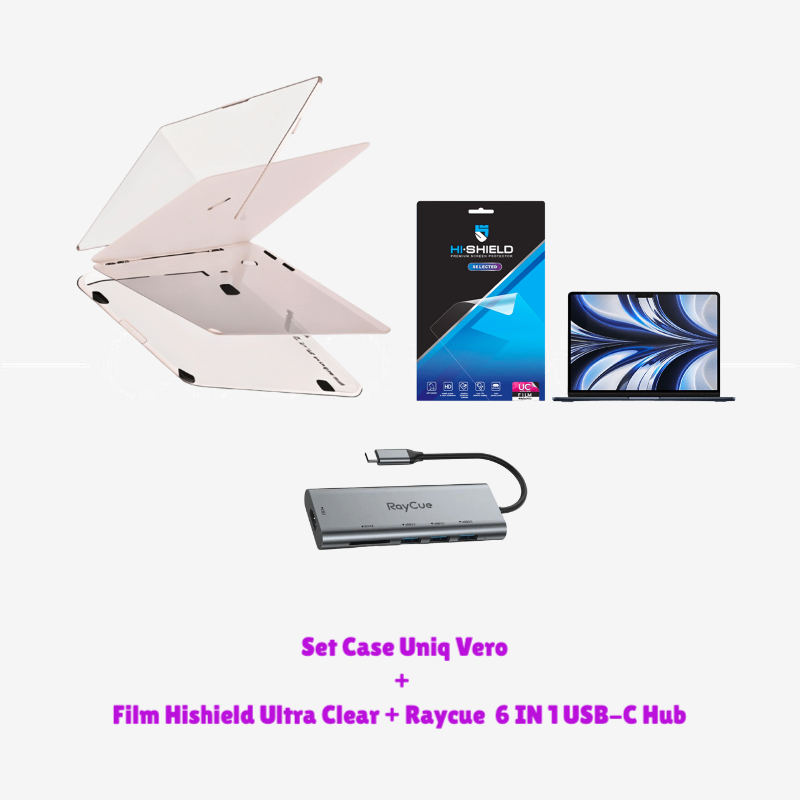 Set Case Uniq สีชมพู + Film Hishield Ultra Clea สำหรับ Macbook Neo 13นิ้ว + Raycue  6 IN 1 USB-C Hub