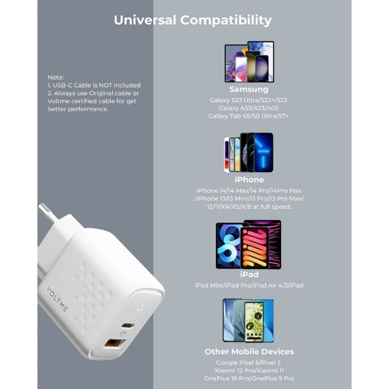 VOLTME อะแดปเตอร์ REVO 45 DUO DUAL-PORT PD 45W WALL CHARGER WITH GAN TECH [1xUSB-C,1xUSB-A] หัวชาร์จไว - WHITE