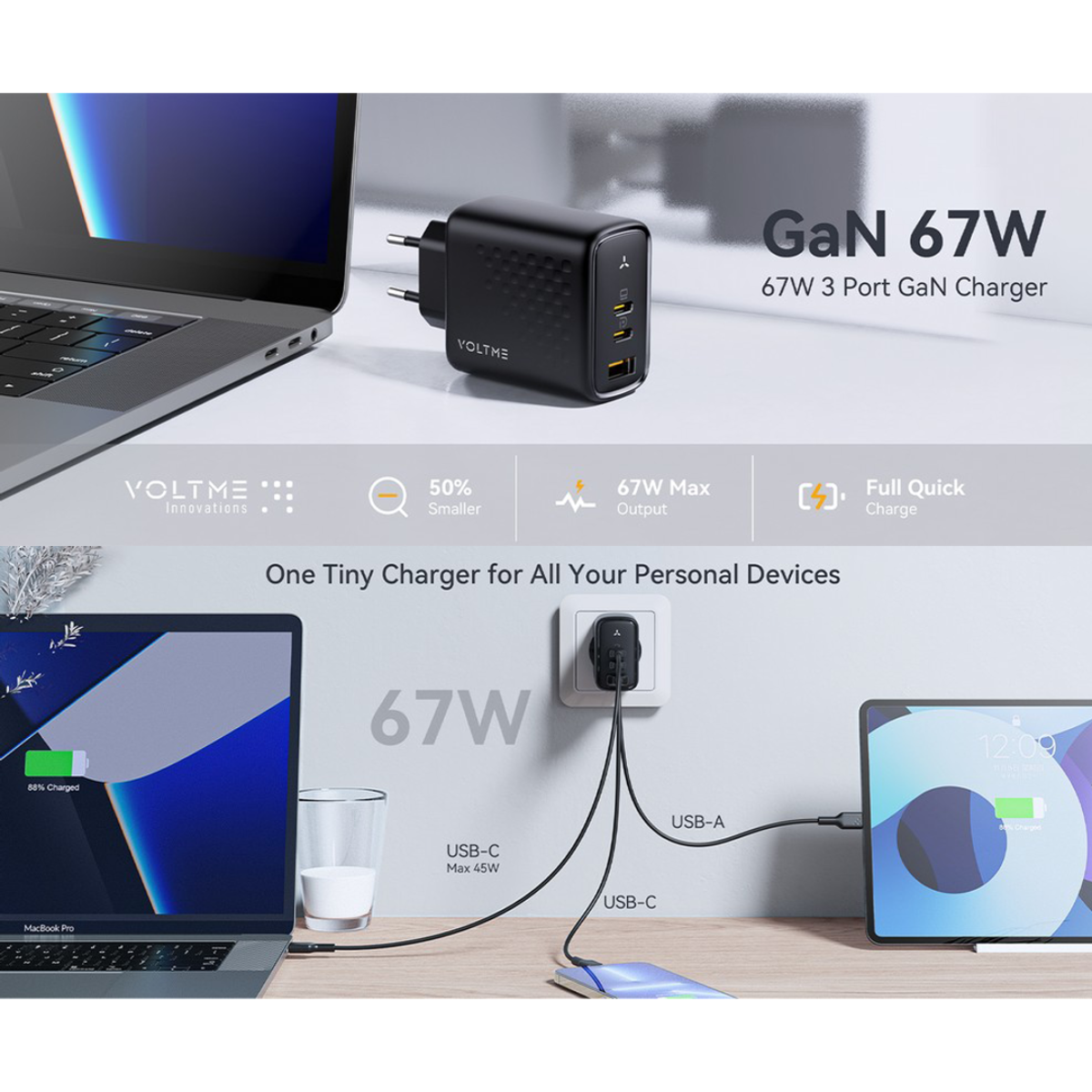 หัวชาร์จ Voltme 67W Revo 67 Triple-port Wall Charger with GAN Tech (2xUSB-C,USB-Ax1) Black
