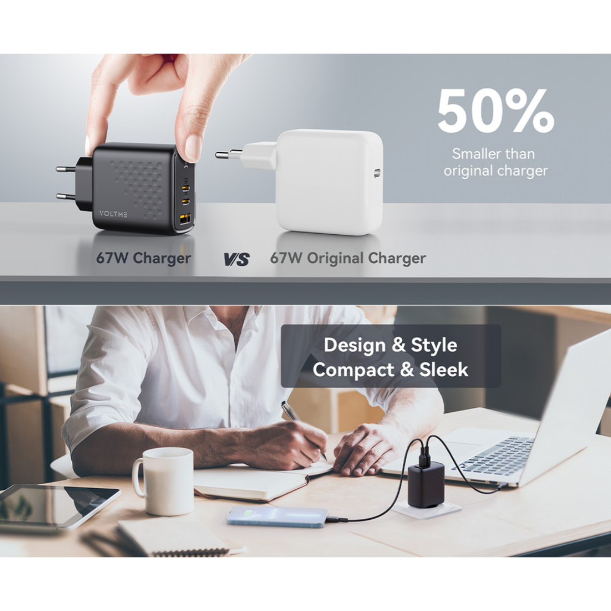 หัวชาร์จ Voltme 67W Revo 67 Triple-port Wall Charger with GAN Tech (2xUSB-C,USB-Ax1) Black