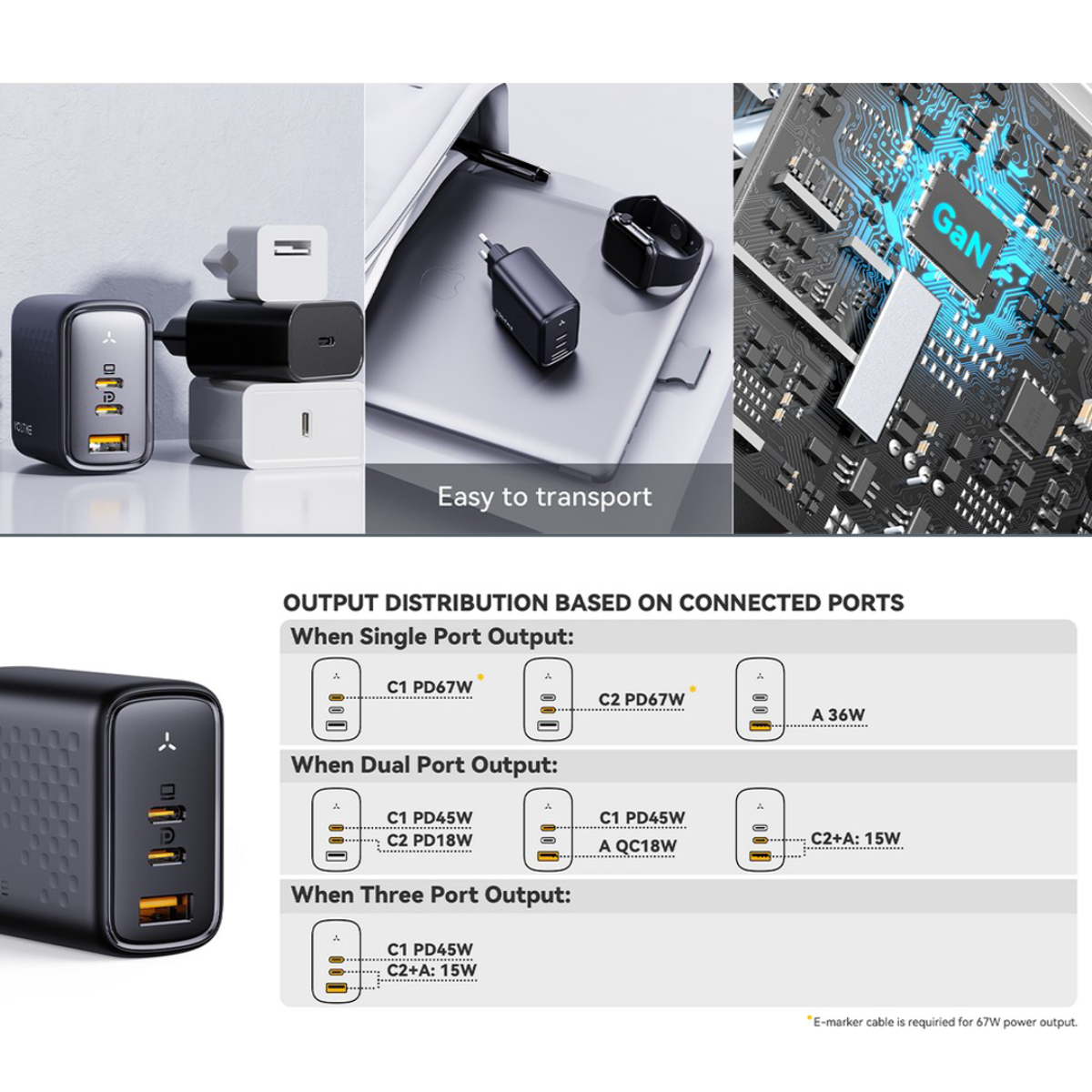 หัวชาร์จ Voltme 67W Revo 67 Triple-port Wall Charger with GAN Tech (2xUSB-C,USB-Ax1) Black